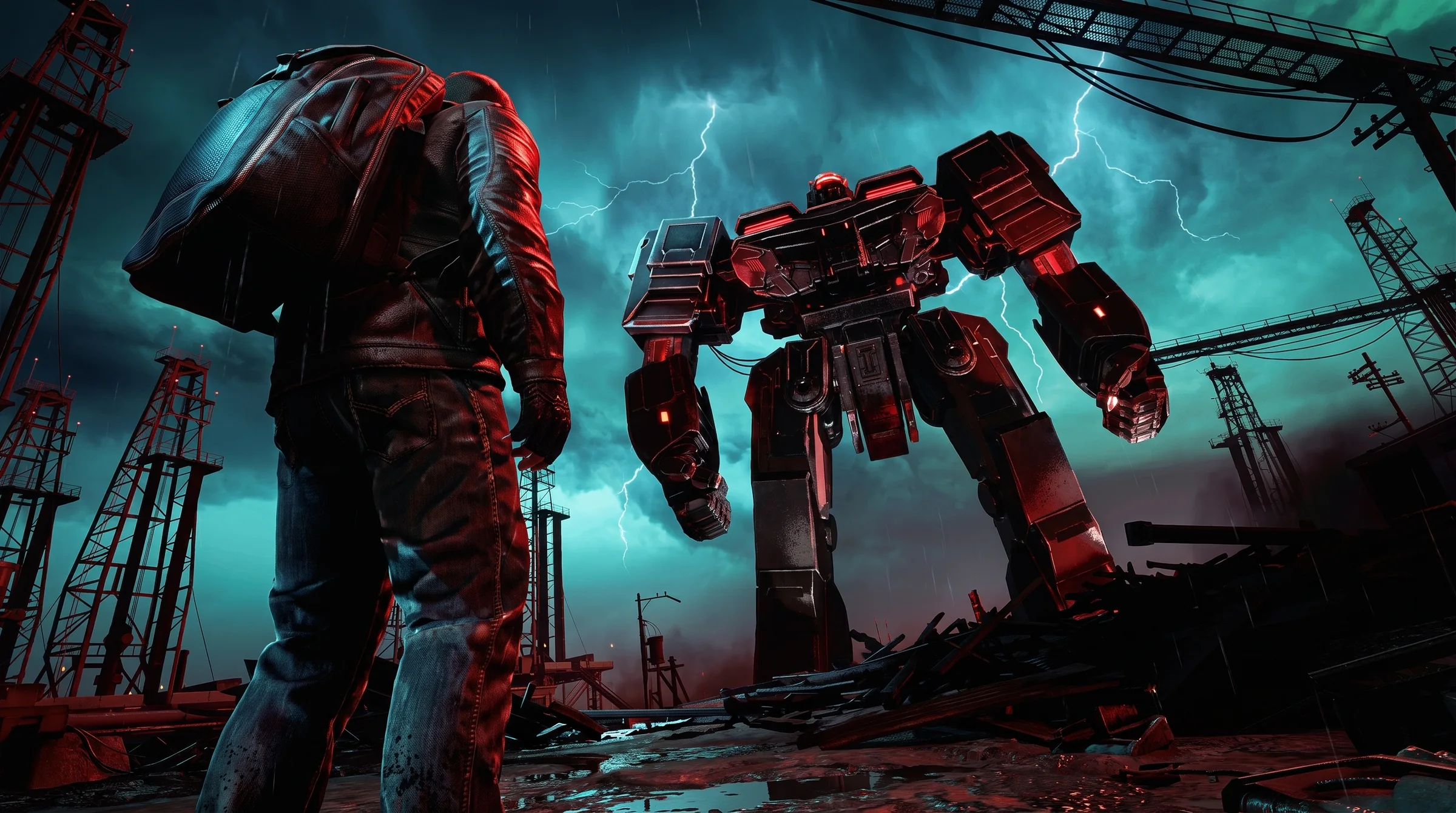 A pilot faces a giant machine under a lightning storm