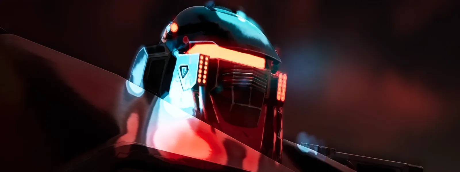 A rider in a red-lit helmet leans into the frame