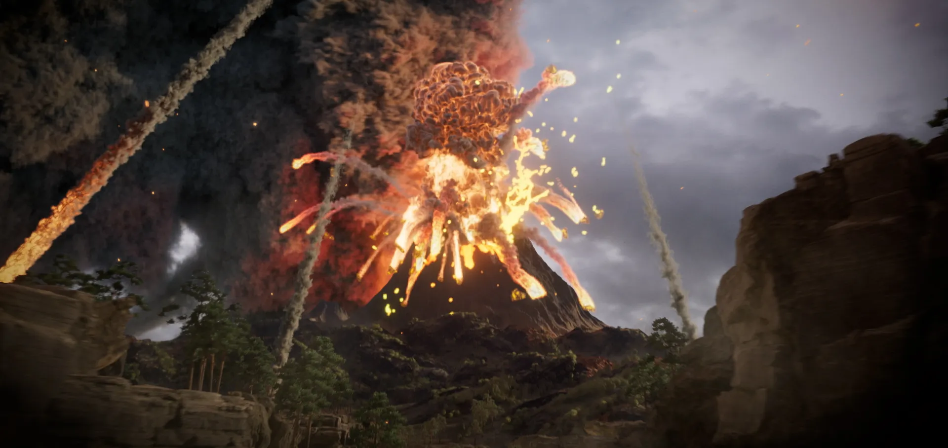 A volcano erupts over a prehistoric forest