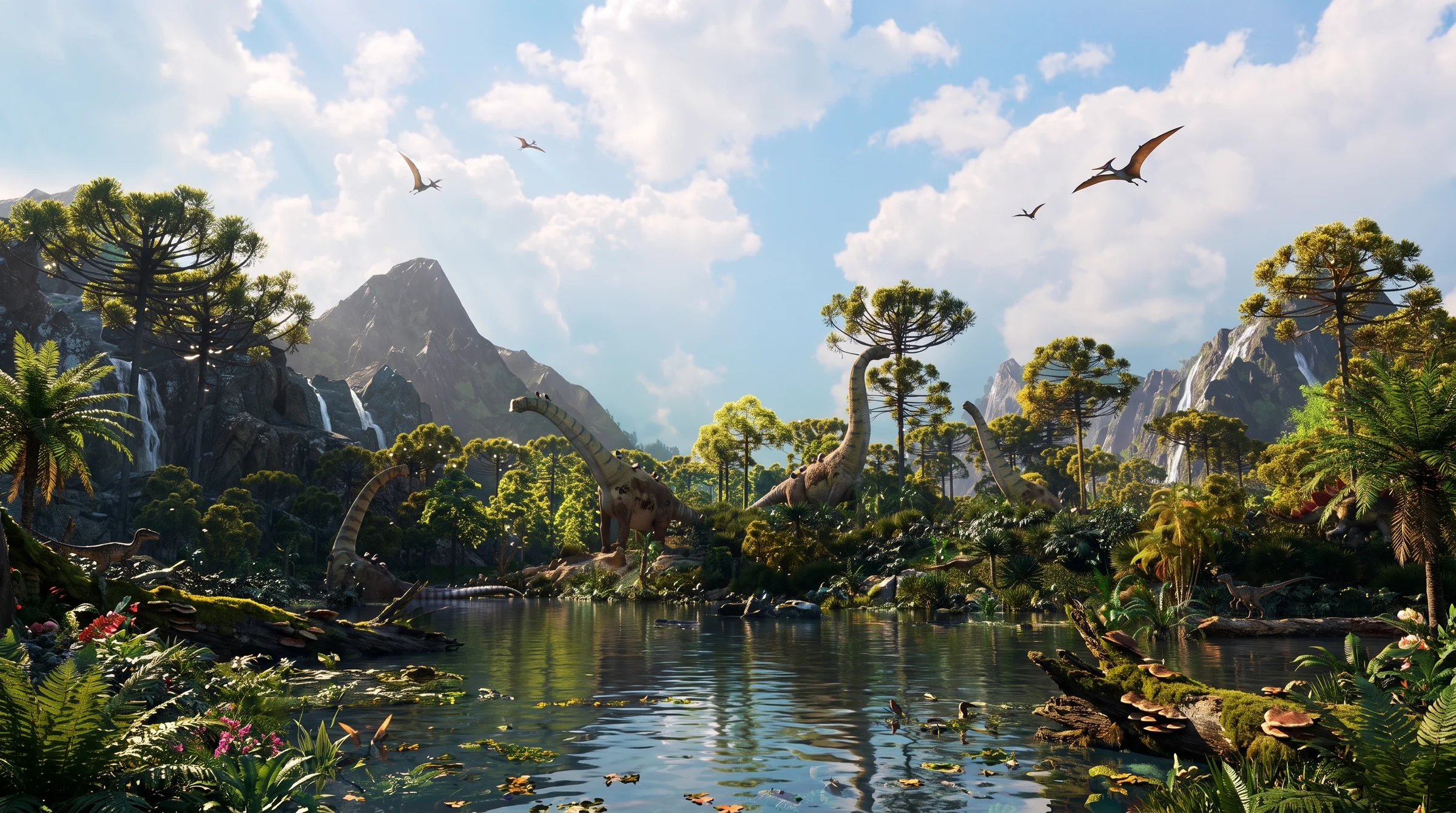 Sauropods at a prehistoric lake below mountains and waterfalls