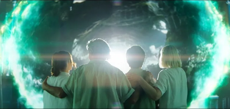 A family faces a glowing portal