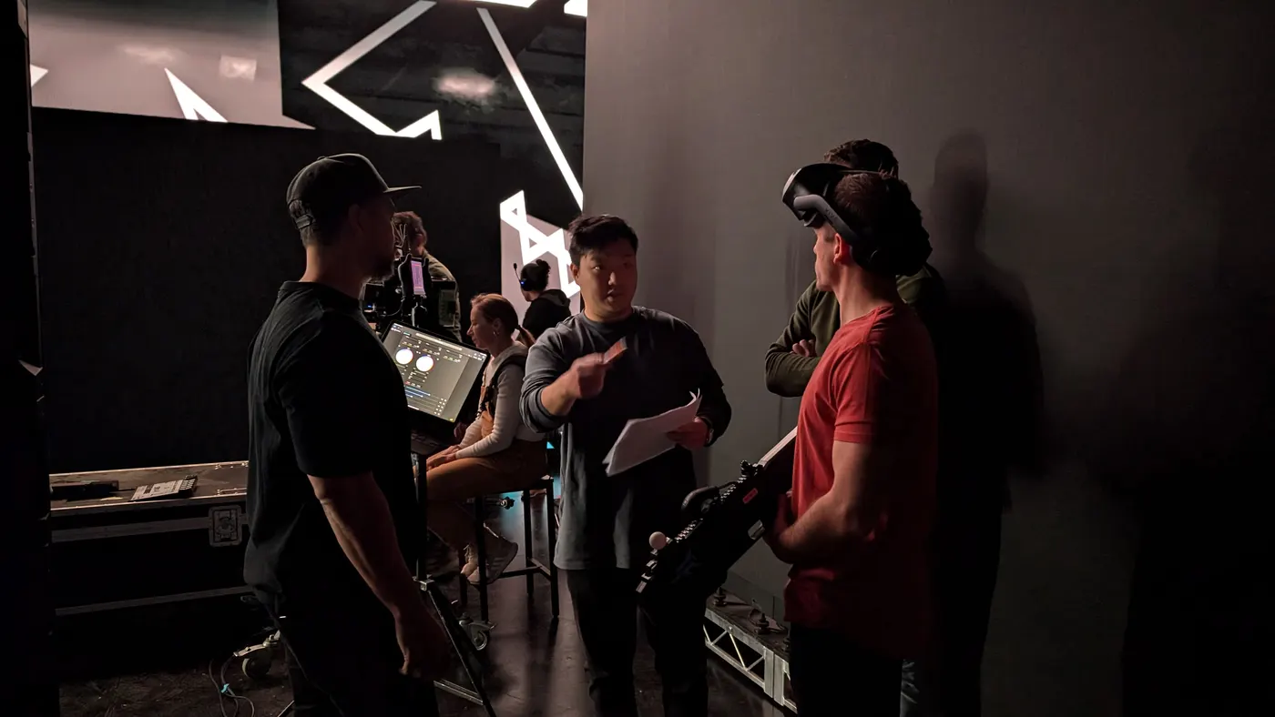 Briefing performers wearing VR headsets