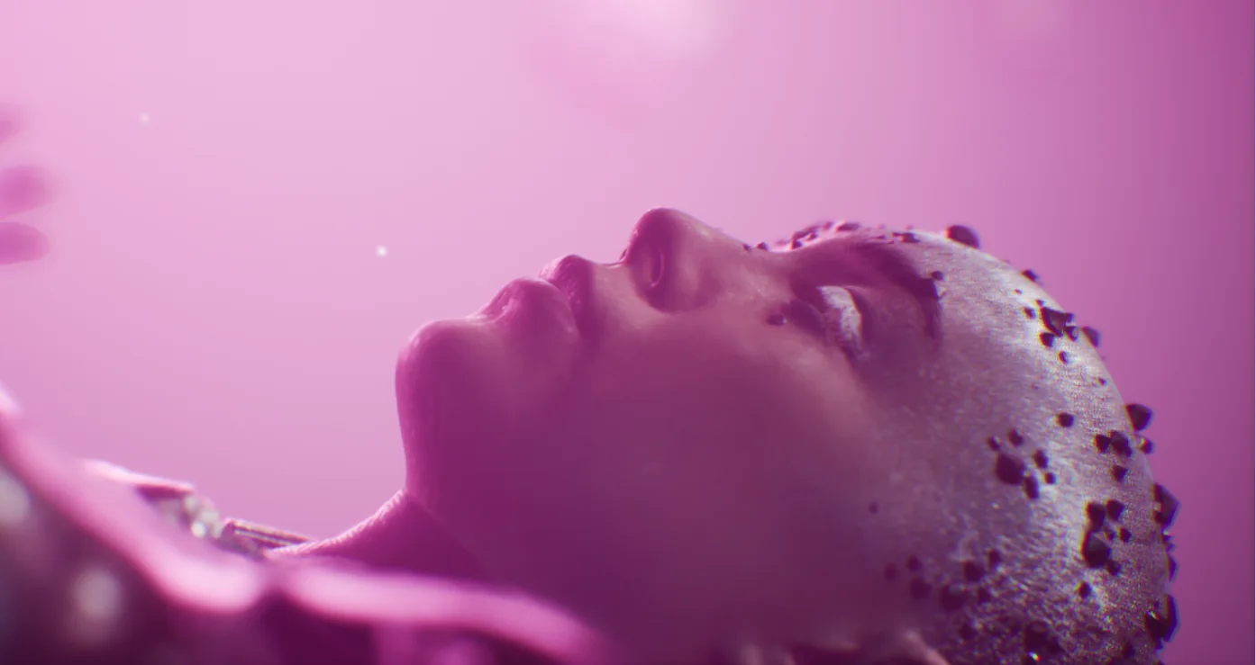 The character in profile under pink light