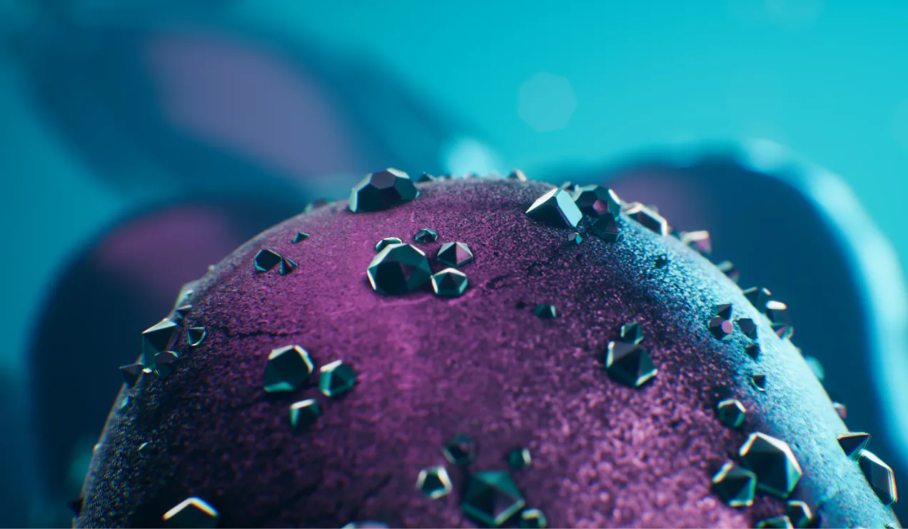 Crystals across a purple surface, against teal