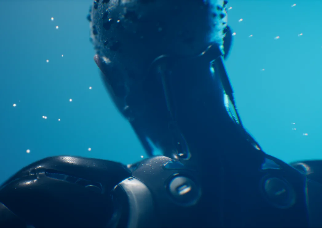 A figure in dark armour, seen from behind in blue light