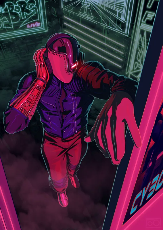 A character in red in a neon doorway