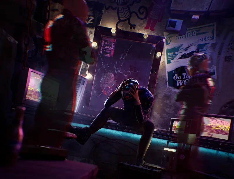 A character crouched in a neon-lit room