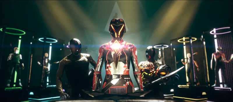 Characters in display pods under stage lights