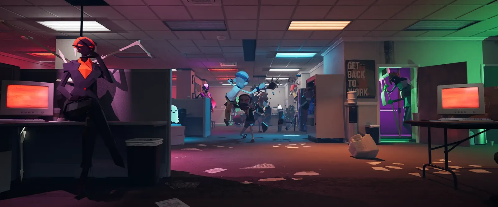 A ghost wrecks an office at night, from Office Fight