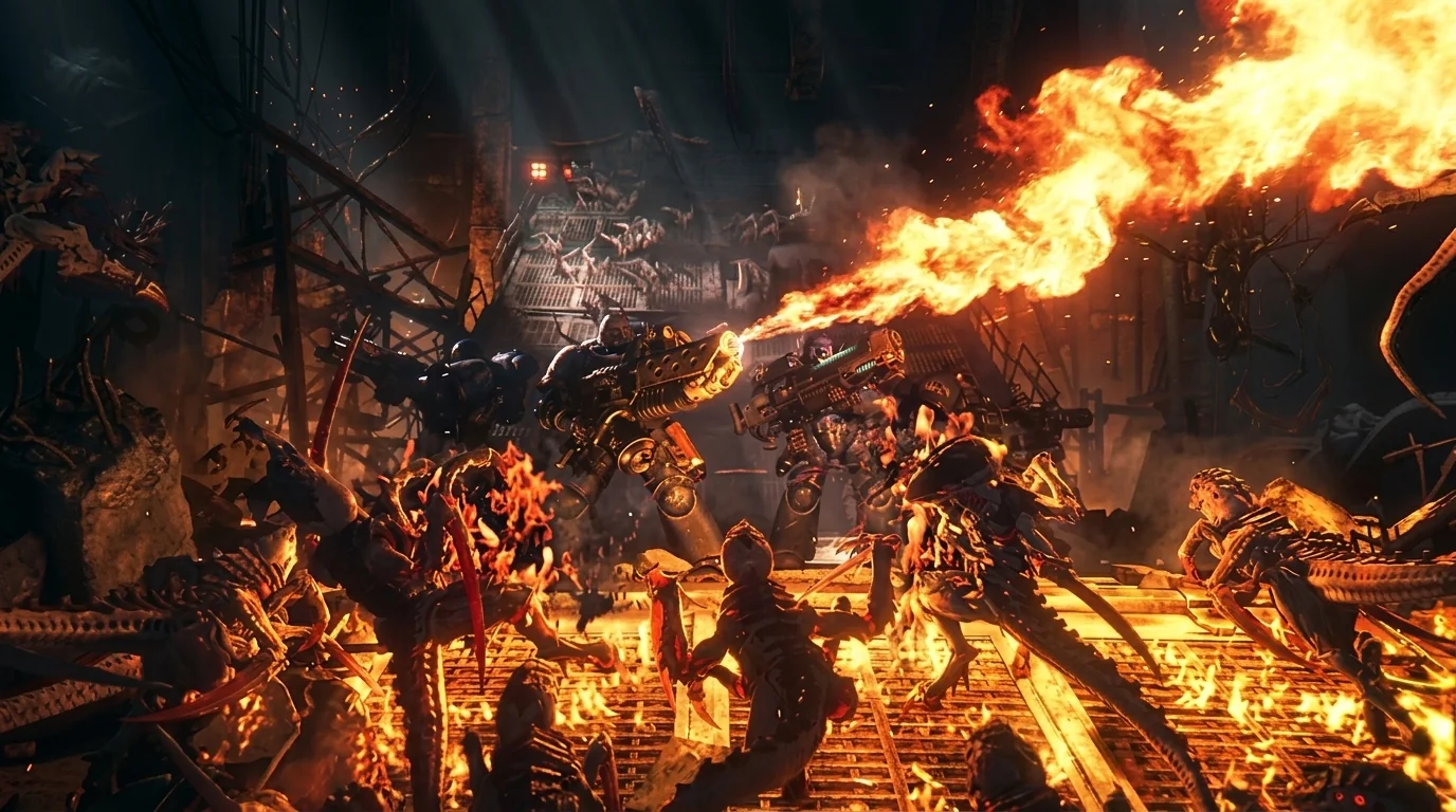 Space Marines burn through a swarm with a flamethrower