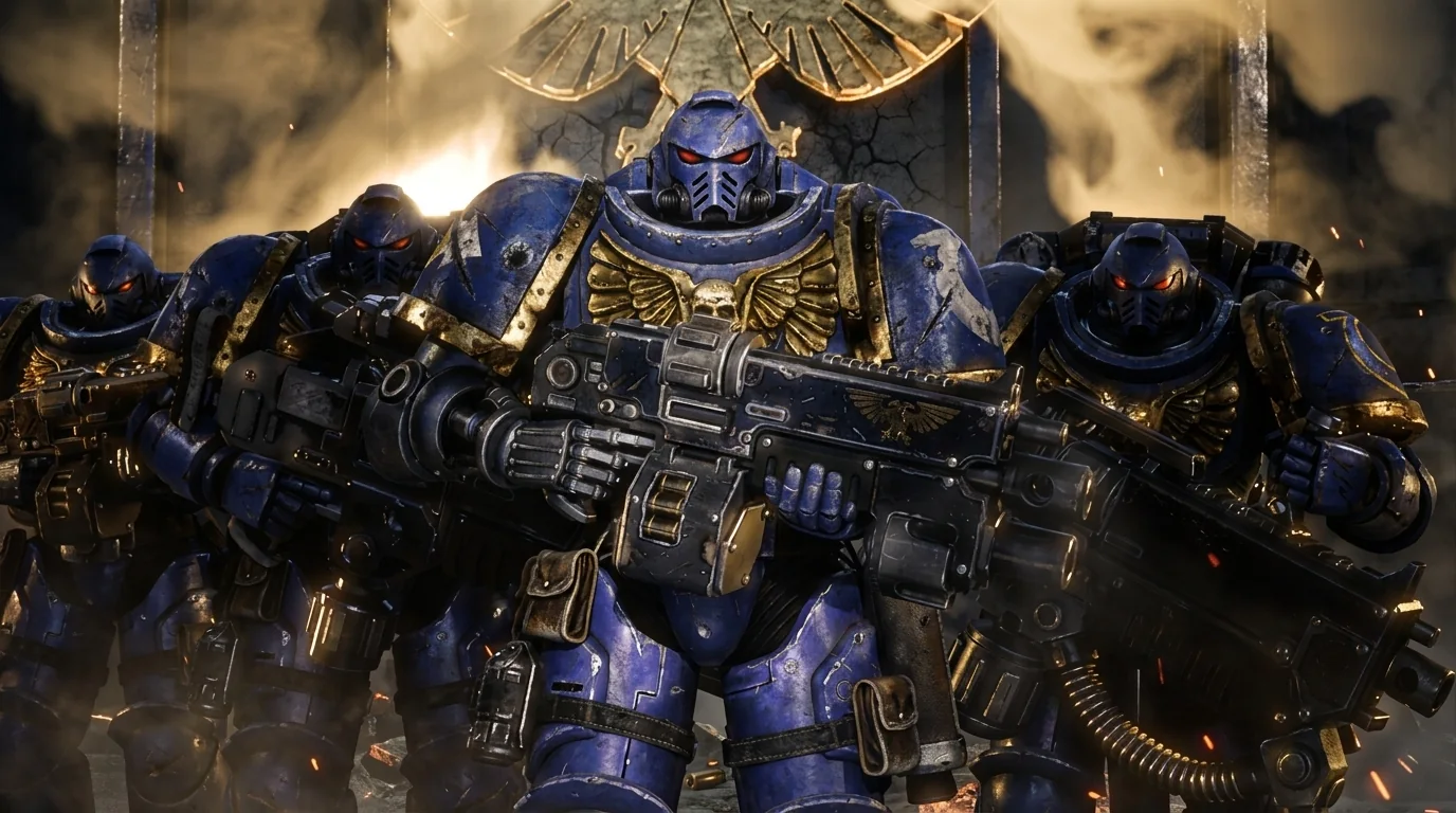 A squad of Space Marines advances in blue armour