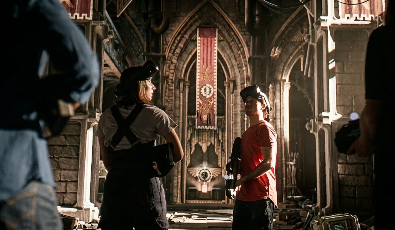 Two players in VR headsets on a gothic Warhammer set